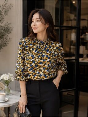 ❤️ Floral Ruffle-Neck Women's Blouse in Yellow & Blue size M